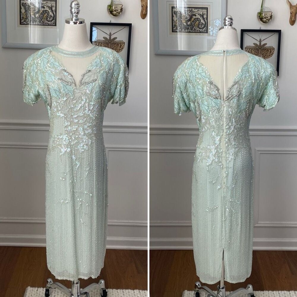 Vintage 80s Lillie Rubin Pastel Green Silk Beaded Sheath Cocktail Dress 4